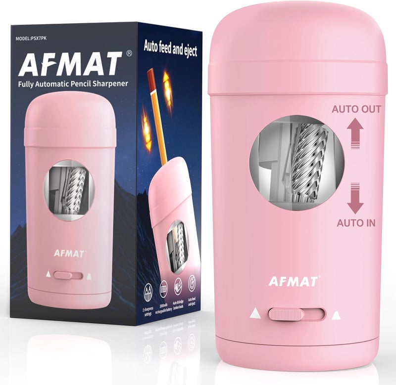 AFMAT Electric Pencil Sharpener, Fully Automatic Pencil Sharpener for 7-8mm Pencils & Colored Pencils, Auto in & Out, Rechargeable Vertical Hands-Free Sharpeners for Classroom/Home/Office PSX7(Pink) - Image 1